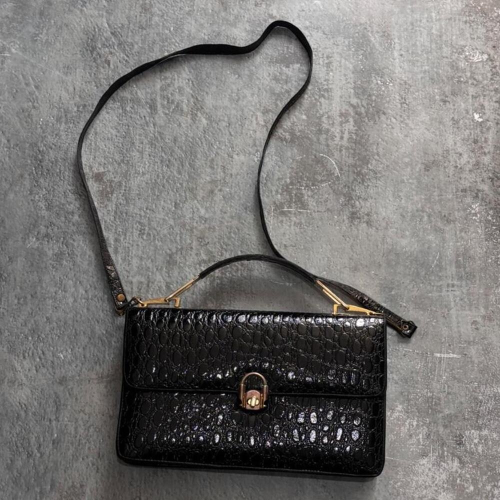 Black Vintage Crocodile Leather Two Way Handbag. Gold hardware